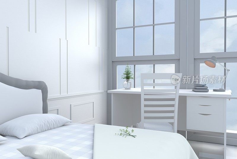 白色的床室装饰与树在玻璃花瓶，枕头，毯子，窗户，天空，灯，书桌，书，床，白色的墙壁是图案，阳光透过窗户进入阴影。3 d渲染。